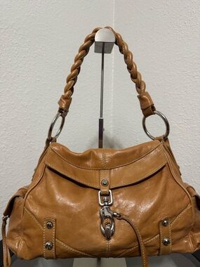 Francesco Biasia Caramel Tan Leather Shoulder Bag with Braided Handle